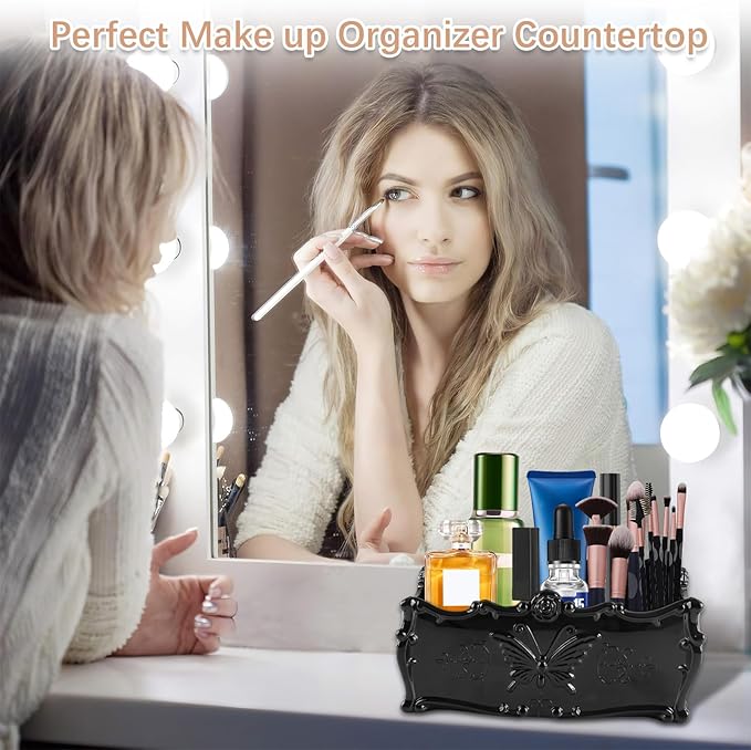 PDFans Makeup Organizers, Vintage Style Acrylic Cosmetic Organizer for Vanity Drawer Make Up & Jewelry Storage(Black) (Black)
