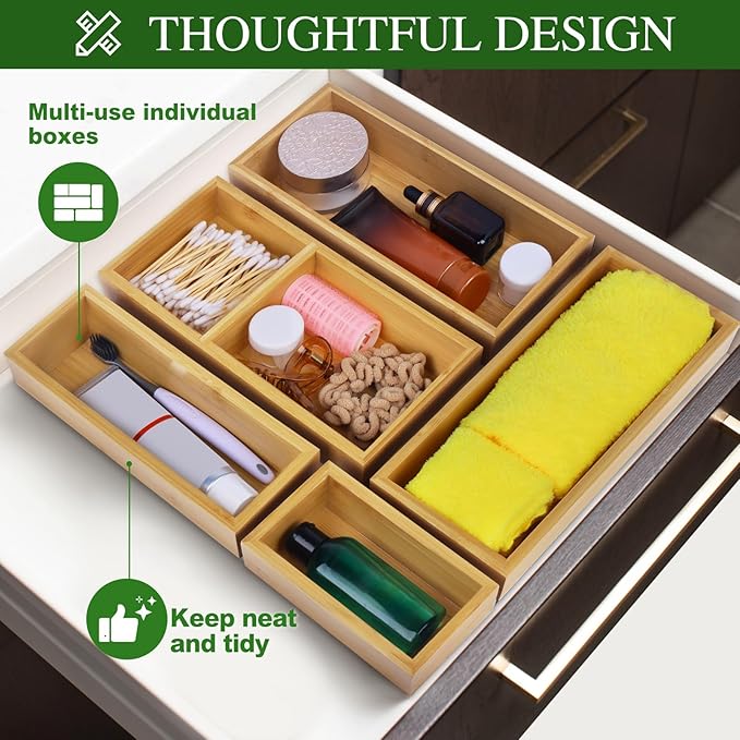 Bamboo Drawer Organizer Set, 5 PCS Multi-Use Individual Wood Storage Organizers, Junk Drawer Divider and Storage Trays Containers for Kitchen, Bathroom, Office Desk, Makeup, Jewelry, Utensils