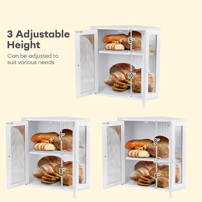 Corner Bread Box for Kitchen Countertop, Double Layer Bamboo Bread Storage Container for Homemade Bread, Large Capacity Bread Holder with 3 Adjustable Height for Counter, White