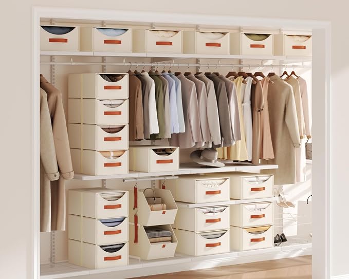 Homsorout Stackable Storage Drawers - Large Collapsible Storage Bins with Drawers, 4 Pack Closet Shelf Organizer Basket, Fabric Pull Out Organizer for Bedroom, Living Room, Dorm, Light Beige