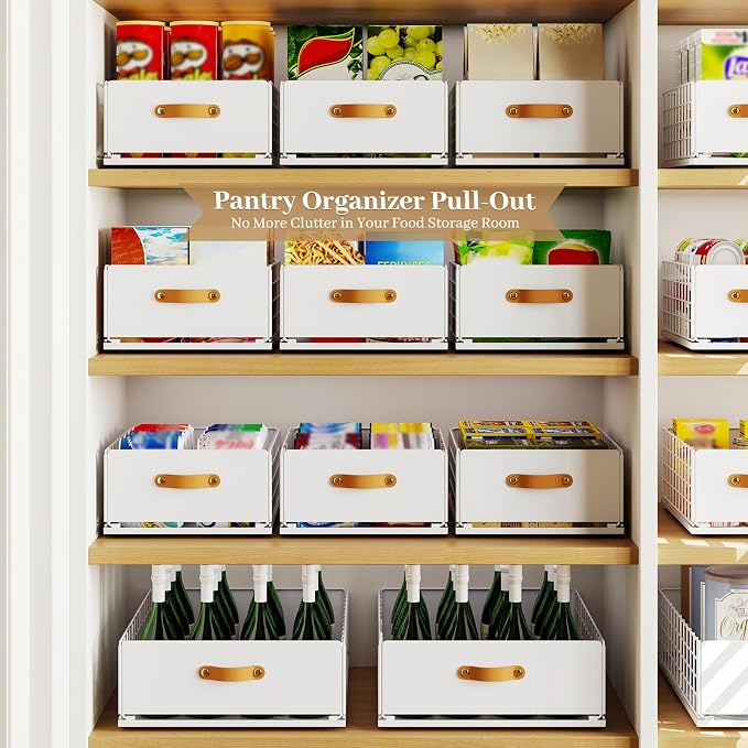 Pull Out Cabinet Organizer, No-Drill Pantry Drawers, Slide Out Shelves with Bamboo Risers for Lipped Cabinets,Ideal for Kitchen, Bathroom & Under Sink Storage (White, 9.8" Wide-15.7" Deep)