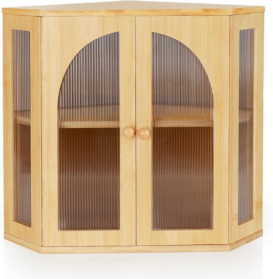 Corner Bread Box for Kitchen Countertop, Double Layer Bamboo Bread Storage Container for Homemade Bread, Large Capacity Bread Holder with 3 Adjustable Height for Counter, Natural