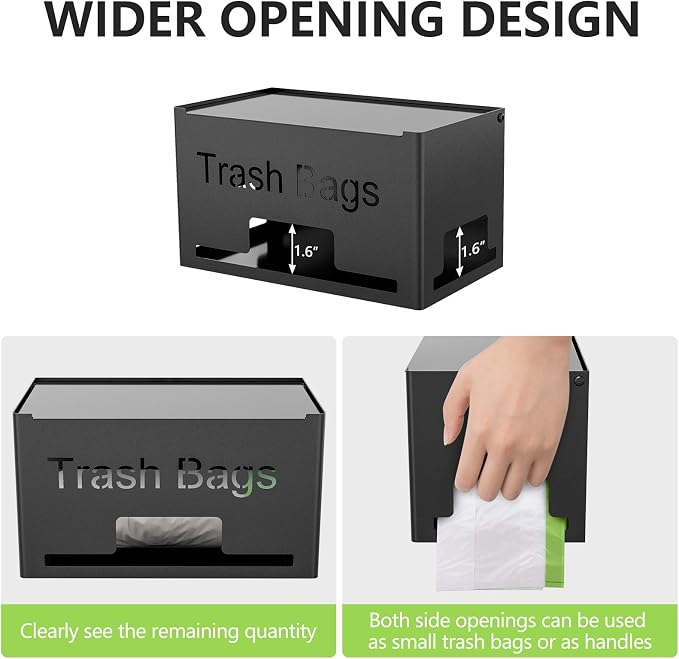 STWWO Trash Bag Holder, Metal Trash Bag Dispenser Roll Holder, Kitchen Trash Bag Organizer for Cabinet, Countertop, Wall Mounted or Freestanding, Black