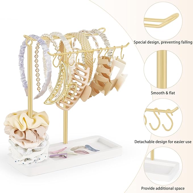 Dahey Headband Holder Multifunctional Hair Accessories Organizer Display Hairbands Claw Clips Scrunchie Metal Storage Stand Stylish Bedroom Dorm Bathroom Vanity Decor for Girls Women, Gold
