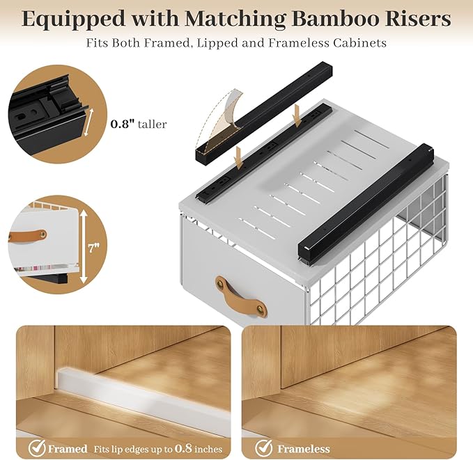 Pull Out Cabinet Organizer, No-Drill Pantry Drawers, Slide Out Shelves with Bamboo Risers for Lipped Cabinets,Ideal for Kitchen, Bathroom & Under Sink Storage (White, 9.8" Wide-15.7" Deep)