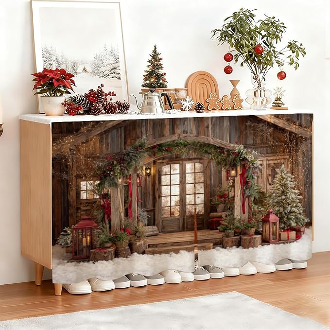 Self Adhesive Cabinet Curtain for Mother's Day, 39x28 Inch Rustic Wood Cabin Under Sink Skirt No Drill, Spring Cleaning Kitchen Decor, Hook and Loop Laundry Shelf Valance, Fabric Panel