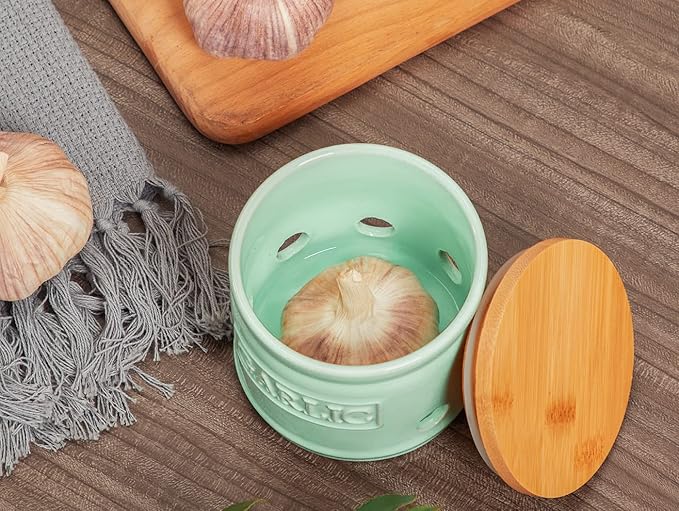 ONEMORE Garlic Keeper for Counter, Garlic Holder Countertop Storage Container, Garlic Saver Keeper with Lid, Ceramic Garlic Jar for Kitchen, Mint Green
