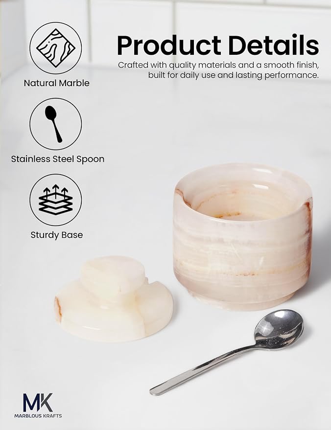MARBLOUS KRAFTS 3" Marble Salt Cellar with Lid & Spoon White Onyx Flaky Salt Box, Sugar Jar, and Spice Storage Container for Kitchen Countertop, Perfect Ideal Mother’s Day Gift for Mom