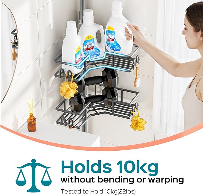 HAMITOR Adjustable 4-Tier Bathroom Storage: Corner Rustproof Shower Caddy Tension Pole - Floor-to-Ceiling Space-Saving Organizer - No Drill Tension Mounted Home Accessory Rack for Renters 47-123 Inch