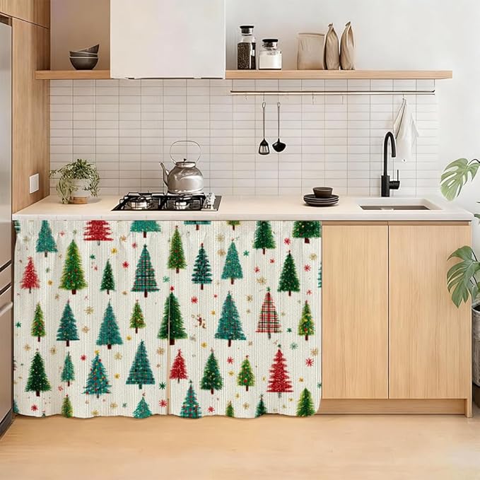 Self Adhesive Evergreen Pine Tree Cabinet Curtain for Mother's Day, 39x28 Inch Forest Under Sink Skirt No Drill, Spring Cleaning Kitchen Decor, Hook and Loop Laundry Valance, Fabric Panel