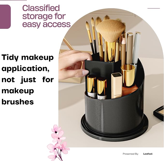 LEFEEL Lumière Mini 360 Rotating Makeup Organizer with Lid, Diamond Cut Cosmetic Organizer - Dustproof Vanity Organizer for Makeup Brushes, Toothbrush & Bathroom Countertop （Black