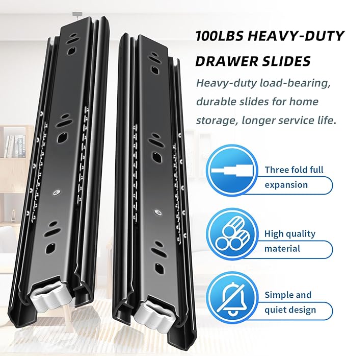 Drawer Slides 1 Pair Full Extension 10 12 14 16 18 20 22 24 inch Side Mount Rails Dresser Cabinet Bracket Replacement Ball Bearing Tracks Guide Metal Runner 100 LB (Basic-1 Pair, 12 Inch)