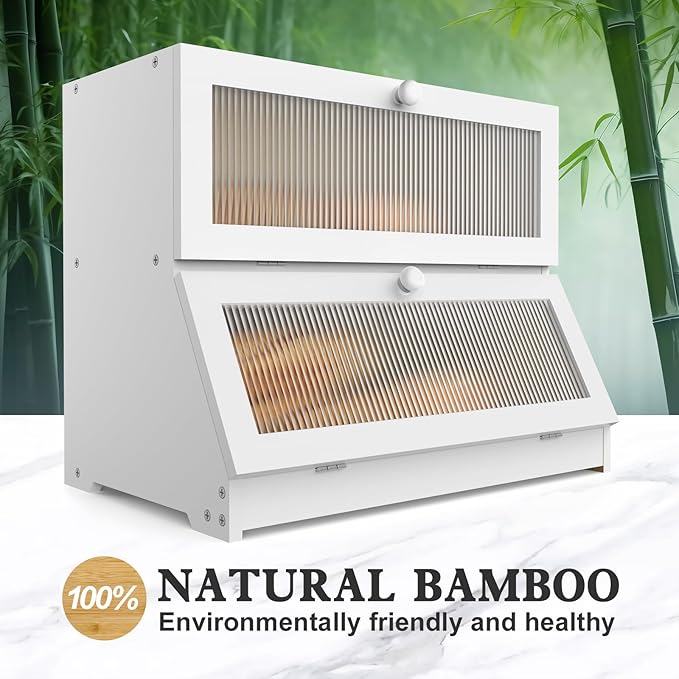 LOHASOK Bamboo Bread Box for Kitchen Countertop, Double Layer Large Bread Storage Container for Homemade Bread with Window & Lid, Bread Keeper Holder, White