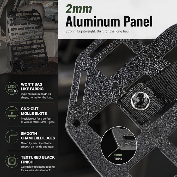 Metal MOLLE Seat Back Panel, 1 Seat Kit, 2mm Aluminum Vehicle Organizer for Most Standard Seat Backs, No-Drill Strap Mount, Compatible with Many MOLLE/PALS-Style Accessories