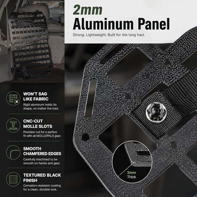 V2 Pro MOLLE Seat Back Panel, 2mm Aluminum Truck Seat Organizer, Anti-Rattle Headrest Mount, MOLLE/PALS Gear Rack for Full-Size Trucks & SUVs, 1 Seat Kit