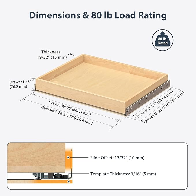 Pull Out Drawers for Cabinets - Birch Wood Pull-Out Drawer 26" W x 21" D - Soft Close Slide Out Shelves for Kitchen Cabinets & Pantry Cabinet Organizer, Heavy Duty, Full-Extension
