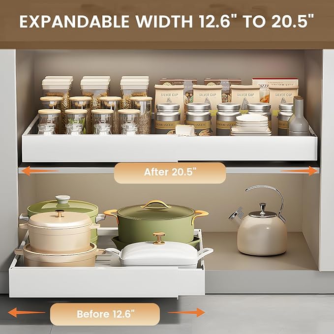1Pack Expandable Pull Out Drawers for Cabinets 21” Deep, Adjustable Width 12.6" - 20.5" Pull Out Cabinet Organizer, Slide Out Drawers for Kitchen Cabinets, Pull Out Shelves Adhesive with Nano Tape