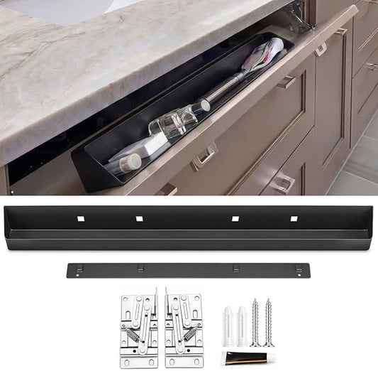 Zonon 1 Set 28 Inch Tip Out Tray for Front Sink Drawer with Hinges and Mounting Plate Includes Screws and No-Drill Adhesive, Metal Pull Out Storage Organizer for Kitchen Bathroom Cabinet