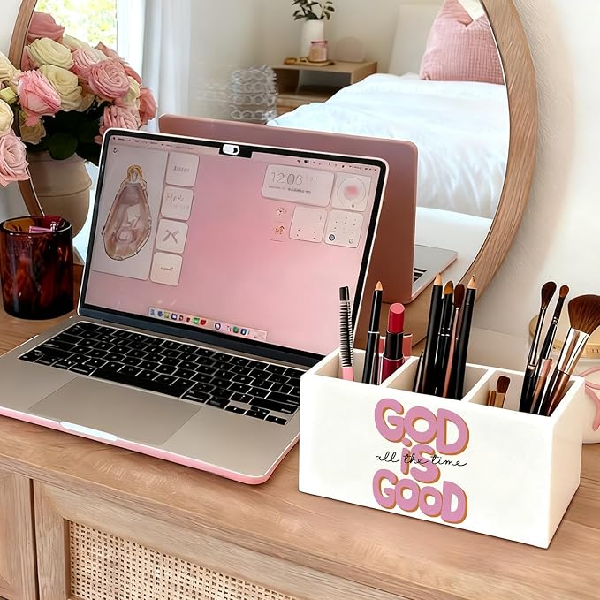 Pink Christian Pen Holder, Christian Gifts for Women Pencil Holder for Desk, God Is Good Bible Verse Preppy Wooden Box Sign Decorations for Girly Room Bedroom Dorm Desk Tabletop