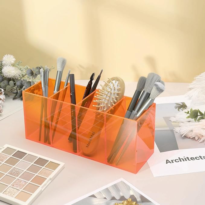 Pen Holder for Desk Neon Acrylic Pencil Holder Cup Makeup Brush Storage Organizer for Vanity, Neon Orange