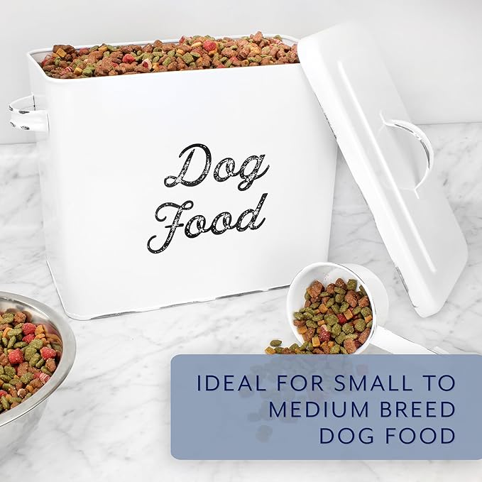 AuldHome Design Rustic Dog Food Canister, White Farmhouse Style Storage Bin for Small Dogs