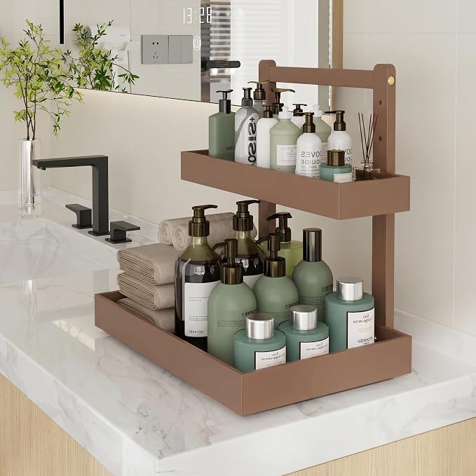 Bamboo Under Sink Storage 2 Tier Pull Out Cabinet Organizer Slide Out Under Sink Storage Shelf Undersink Organizers Shelves for Kitchen Bathroom Organization (Brown, 2 Packs)