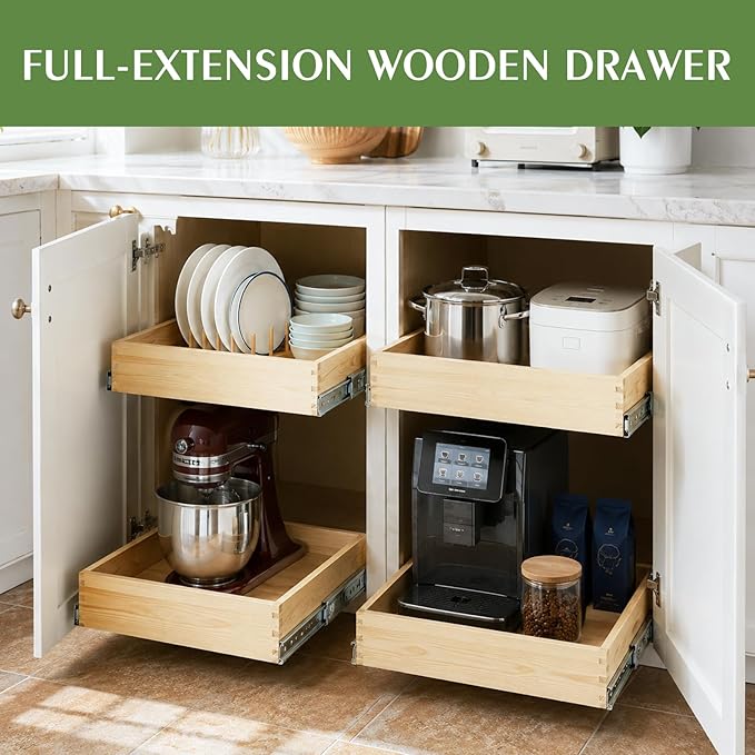 Wooden Pull Out Cabinet Organizer for Kitchen Fully Assembled 15" W x 21" D x 3" H Solid Wood Drawer with Soft Close Slides Bottom or Side Mount for Pantry Bathroom Bedroom Dining Room Storage
