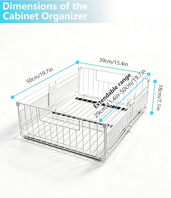 KimHong 2 Pack Pull Out Cabinet Organizer, Expandable Drawer Organizer with Adjustable Width 12.4"-19.5", Adhesive No Drill Under Cabinet Shelves for Home Kitchen Pantry with Silent Slides