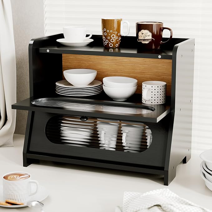 Bread Box,Extra Large 2-Tier Bamboo Bread Box for Kitchen Countertop,Bread Storage Container with Magnetic Acrylic Door for Homemade Bread,Under Cabinet,Pantry Organizer(Black)