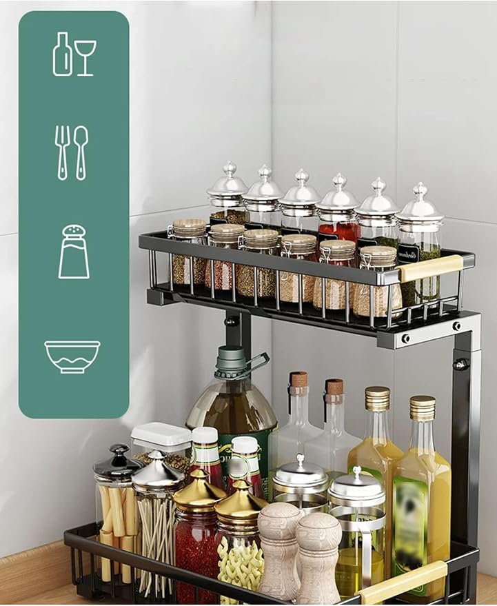 Shelf Pull Out Cabinet Organizer Kitchen Cupboards Storage Solutions No Drill Adjustable Baskets for Bathroom(Black)