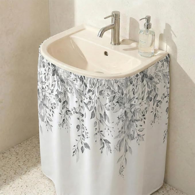 Grey Eucalyptus Sink Skirt for Bathroom, Self Stick Adhesive Waterproof Fabric, Watercolor Plant Leaves with Flora Under Sink Curtain Skirt, Pedestal Sink Accessories Decor