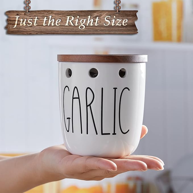 DAYYET Garlic Keeper for Counter, Ceramic Garlic Keeper with Acacia Wood Lid, Garlic Holder Storage Container to Keep Your Garlic Cloves Fresh Longer, Garlic Saver for Kitchen, White