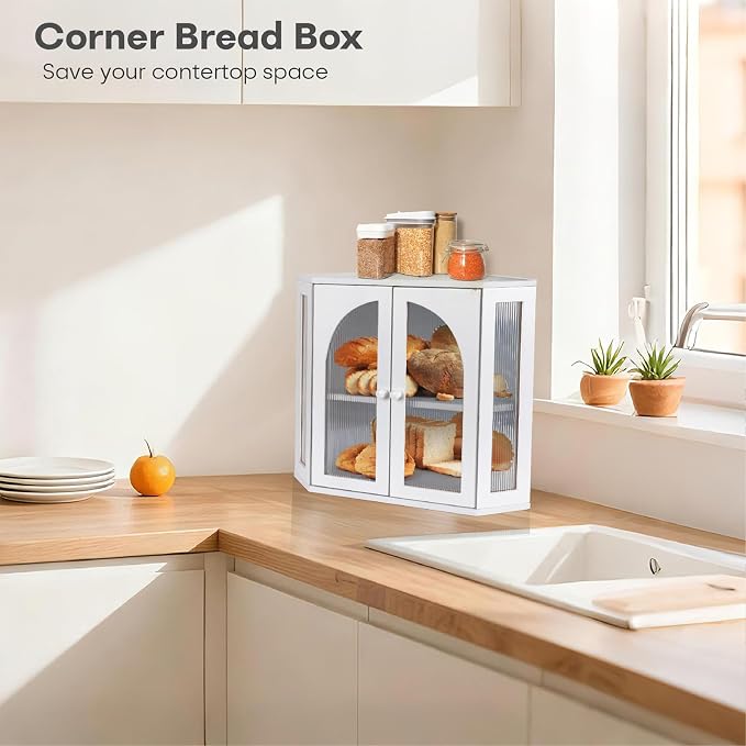 Corner Bread Box for Kitchen Countertop, Double Layer Bamboo Bread Storage Container for Homemade Bread, Large Capacity Bread Holder with 3 Adjustable Height for Counter, White