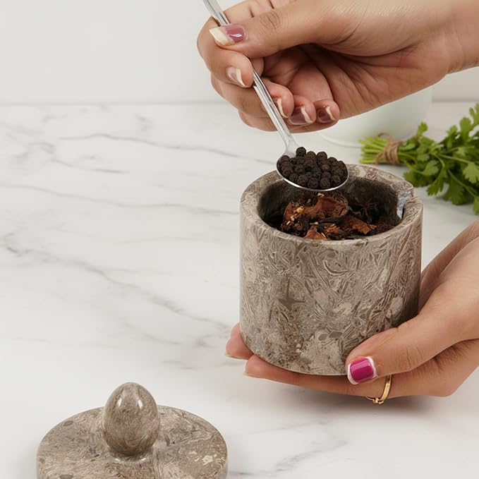 Marble Salt Cellar with Lid – Oceanic 4 Inch Table Salt Container, Salt Jar, Salt Dish, Salt Holder, Spice Jar, Sugar Bowl, Seasoning Container, Salt Dispenser for Kitchen Countertop