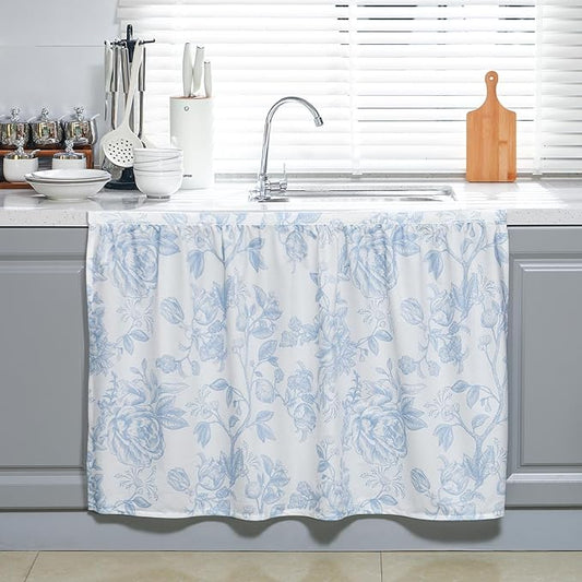 VitalCozy Cabinet Curtain 28" w x 35.4" L Sink Skirt for Bathroom Kitchen Blue Flower Floral Spring Short Curtain for Home Classroom Farmhouse Rustic Drape Under Desk Privacy Drape for Laundry Room