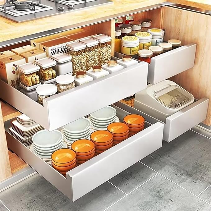 Pull Out Cabinet Slide Out Kitchen Storage Shelf No Drill Pullout Drawers Kitchen Cupboard Space Saving Pull Out Shelves for Home Living Room & Pantry，Black 40cm