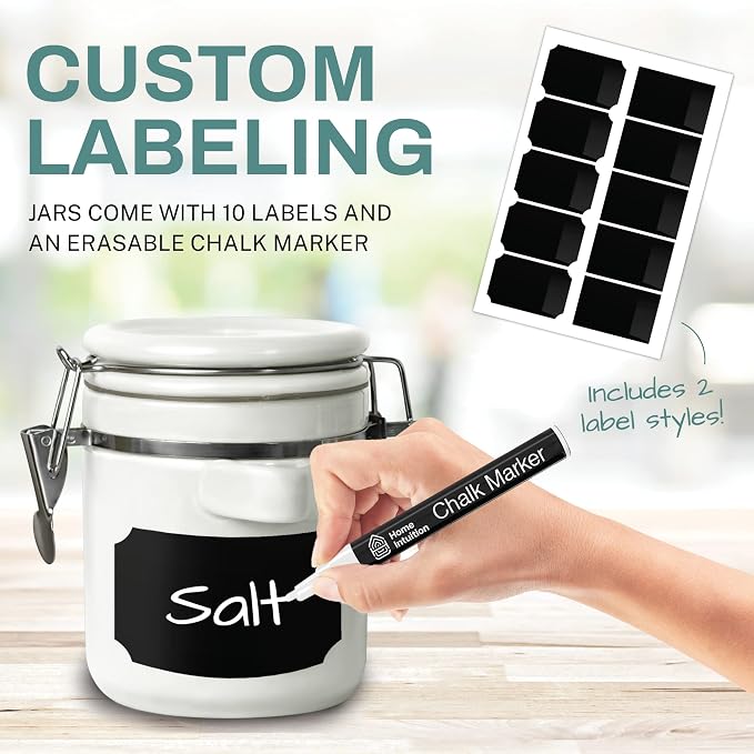 Home Intuition 4-Piece Ceramic Kitchen Canisters Set, Airtight Containers with Wooden Spoons Reusable Chalk Labels and Marker for Sugar, Coffee, Flour, Tea (White)