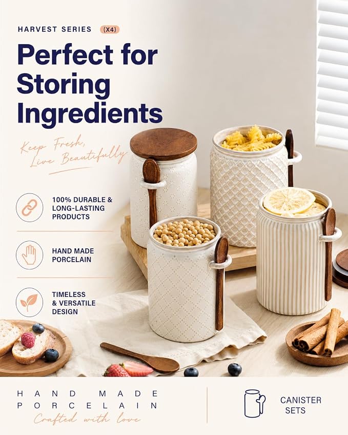 getstar Canisters Sets for the Kitchen, 32 oz Sugar Coffee Tea Storage Containers, Ceramic Kitchen Canisters for Countertop Set of 4 with Airtight Lids and Teaspoons