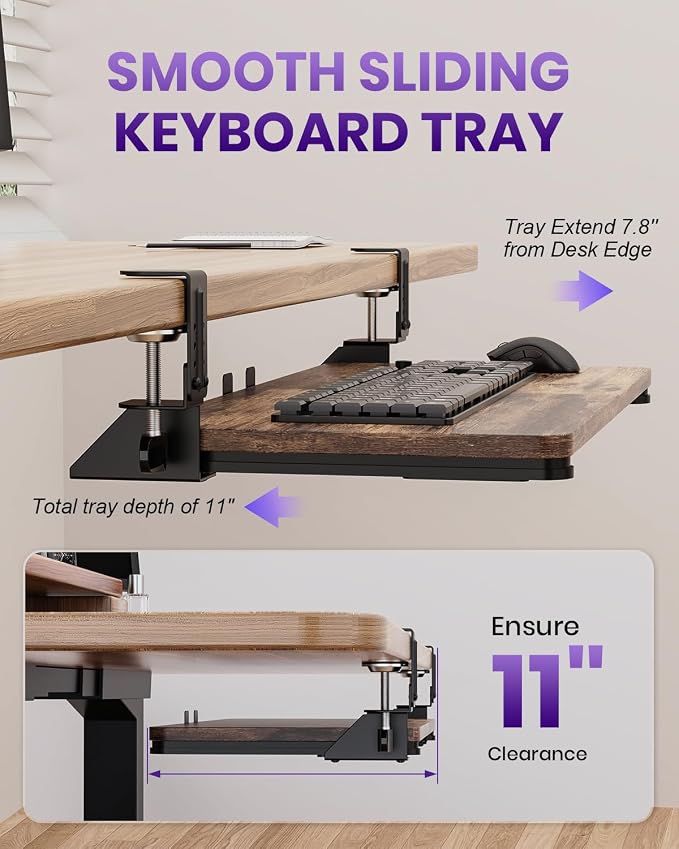 Ergonomic Keyboard Tray Under Desk, Pull Out with Adjustable C-clamp, 25.6 (31.5 Including Clamps) x 11.8 Inch Slide Out Computer Keyboard Drawer Mouse Tray for Typing, Large & Rustic Brown