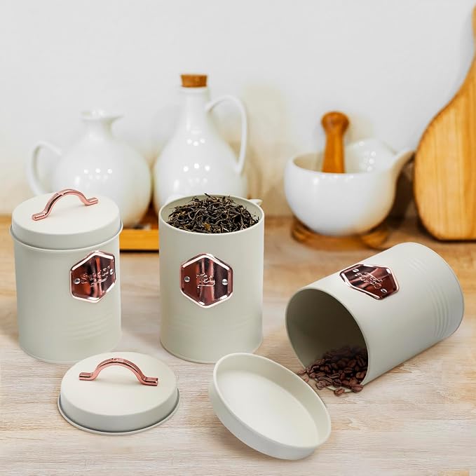 Bread Box for Kitchen Countertop with Coffee Sugar Tea Storage Containers, Bread Box and Canisters Set for the Kitchen with Lid, Beige