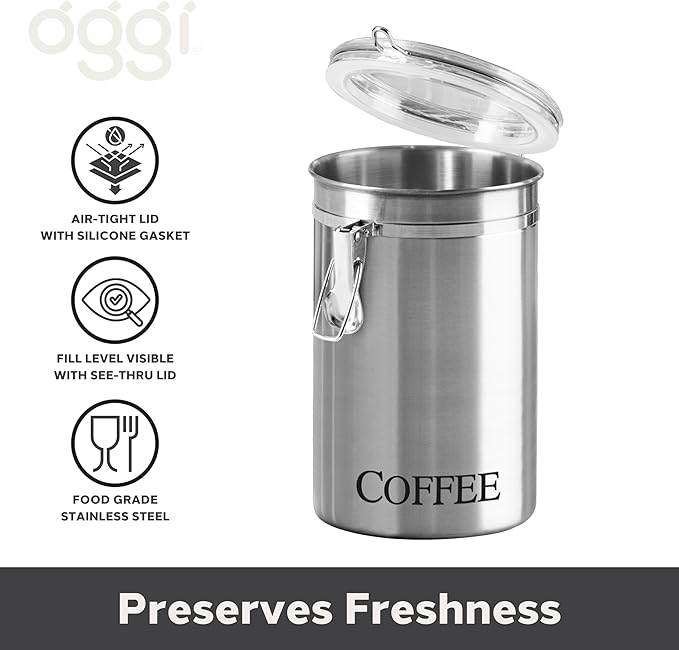 Oggi Stainless Steel Coffee Canister 62 fl oz - Airtight Clamp Lid, Clear See-Thru Top - Ideal for Coffee Bean Storage, Ground Coffee Storage, Kitchen Storage, Pantry Storage. Large Size 5" x 7.5".