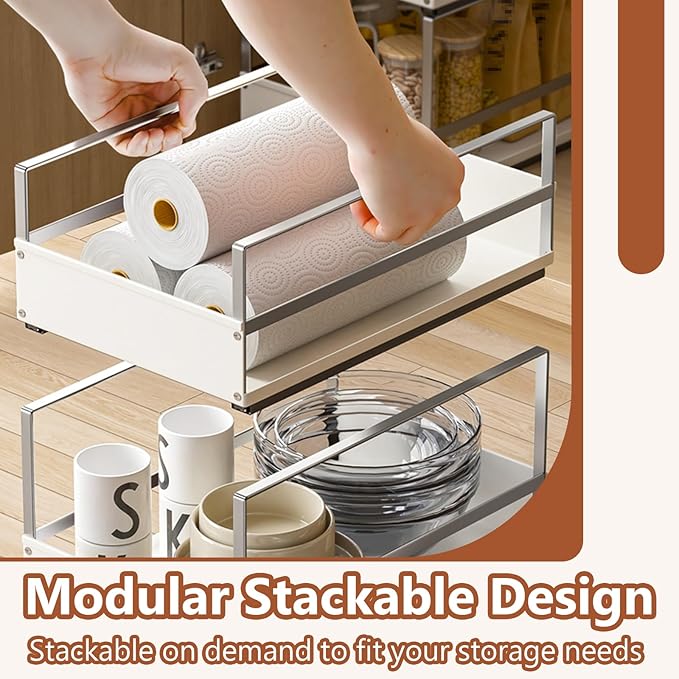Pull Out Cabinet Organizer with Adhesive Nano Film, Heavy Duty Slide Out Pantry Shelves Drawer Storage, Metal Under Sink Organizers for Bathroom, Kitchen (White,11”W x 16.54”Dx 6.3”H)