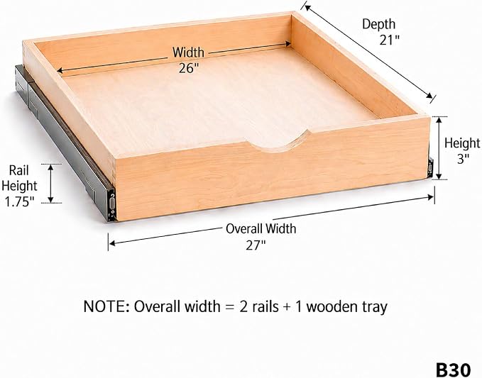 COUVER Birch Wood Pull-Out Cabinet Organizer - Soft Close Slide-Out Drawer for Kitchen & Bathroom, DIY Non-Assembled Wooden Under Sink Storage, Bottom-Mounted Side-Mounted, 27 inch