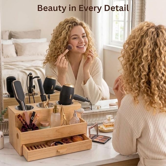 Hair Tool Organizer, Wooden | Bathroom Countertop, Heat-Safe Stainless Steel Cups, Professional Bamboo Styling Station