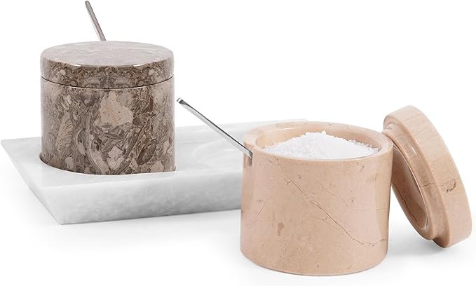 Radicaln Marble Salt Cellar with Lid and Tray 3" Inch Oceanic & Verona Handmade Set of 2 Seasoning Jars For Kitchen Storage, Ideal Table Sugar Bowl & Salt Dish For Countertop