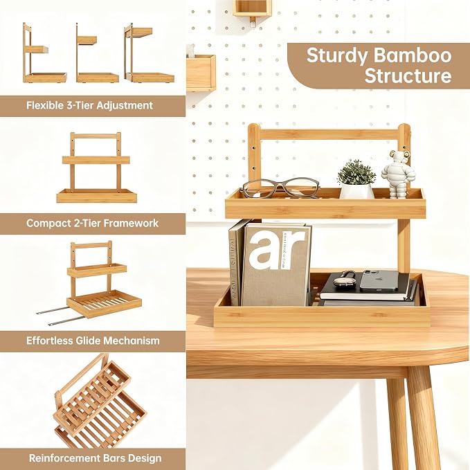 2-Tier Under Sink Pull Out Organizer, Bamboo Cabinet Storage Shelf with Adjustable Height, Slide Out for Kitchen Bathroom Pantry (Natural, 2 Packs)