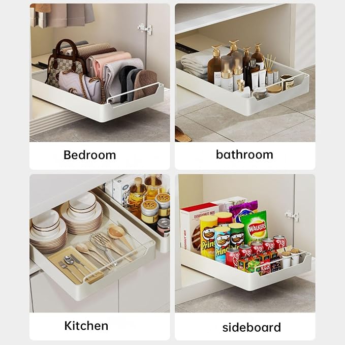 Pull Out Cabinet No Drill No Screw Sliding Storage Solution for Kitchen & Bathroom Cabinets White 43x40x7cm Space Saving Drawer，White 43 * 35 * 7cm