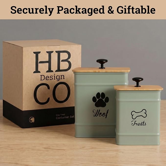 Dog Treat Container Airtight Set of 2 - 8x6 & 7x5 inch Iron Dog Treat Jars for Kitchen Counter with Airtight Bamboo Lids - 20 Cup Capacity Pet Treat Container Set - Doggie Cookie Jar - Treats Canister