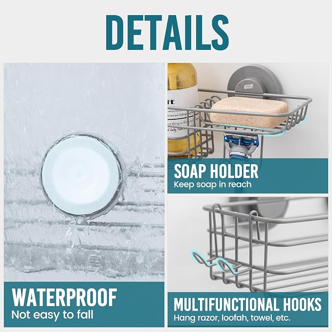 TAILI Shower Caddy Suction Cup with Hooks & Soap Holder, Heavy Duty Bathroom Shower Organizer, No Drilling Shower Shelves for Inside Bathroom, Metal Storage Holder-Grey
