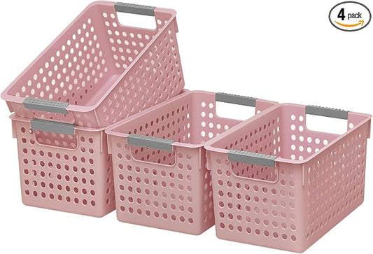 Soddeph 4 Pack Plastic Storage Basket with Handles, Small Deep Organizer Bin with Hollow Design for Under Counter, Shelf, Closet, Kitchen or Bathroom (Pink, Small)